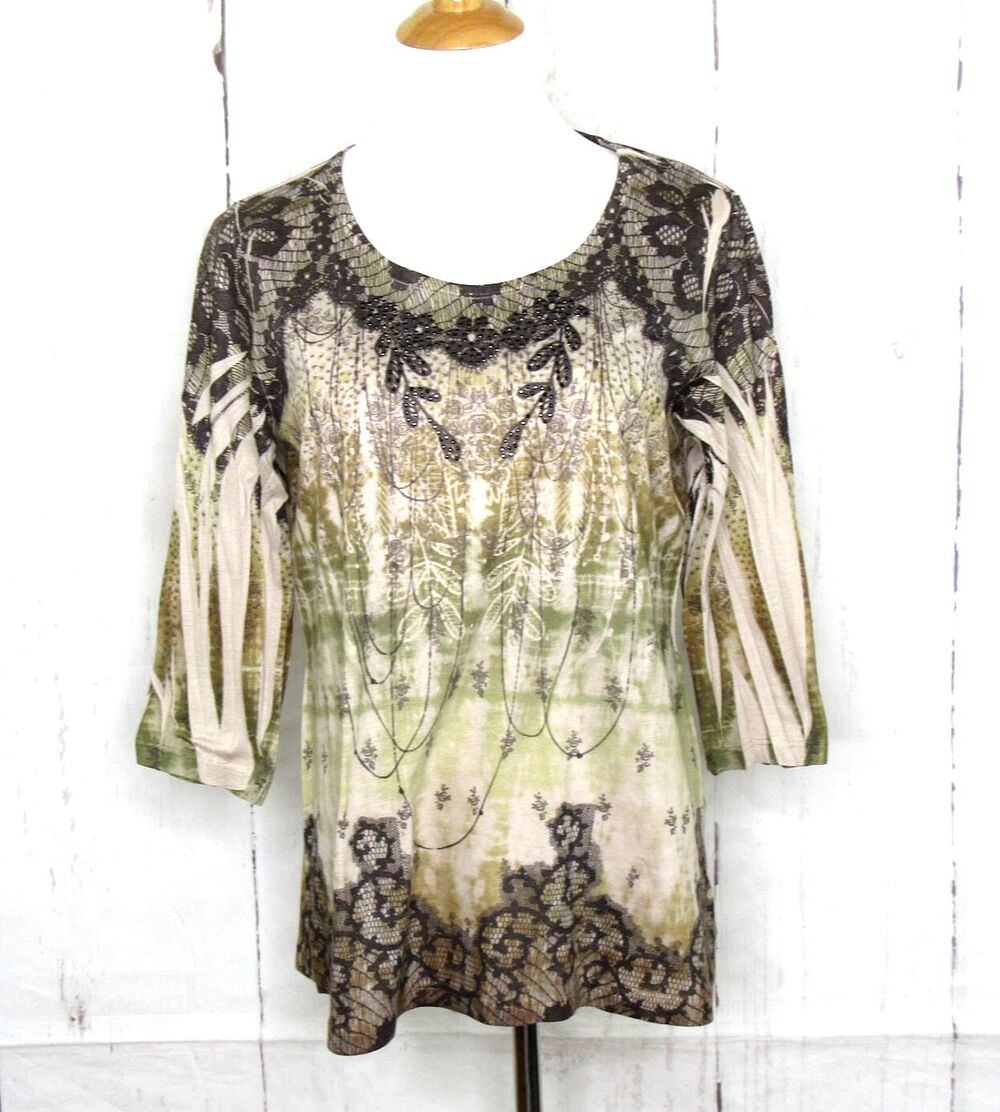 Christopher & Banks Size L 3/4 Sleeve Top Embellished Floral Lace Multicolor